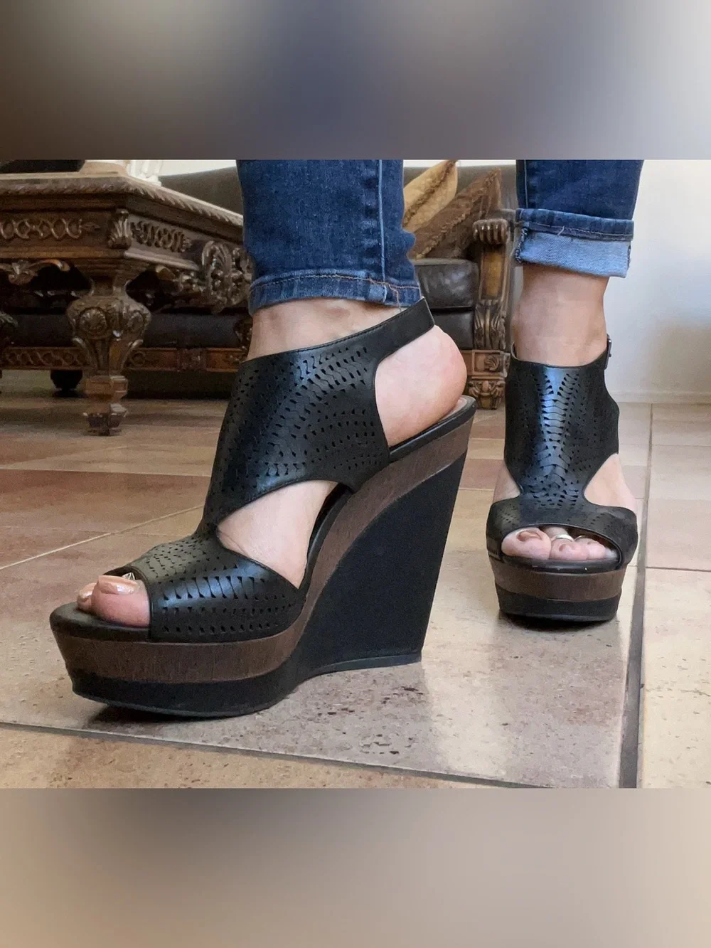 Gianni Bini Black Perforated Leather Wedge Sandals